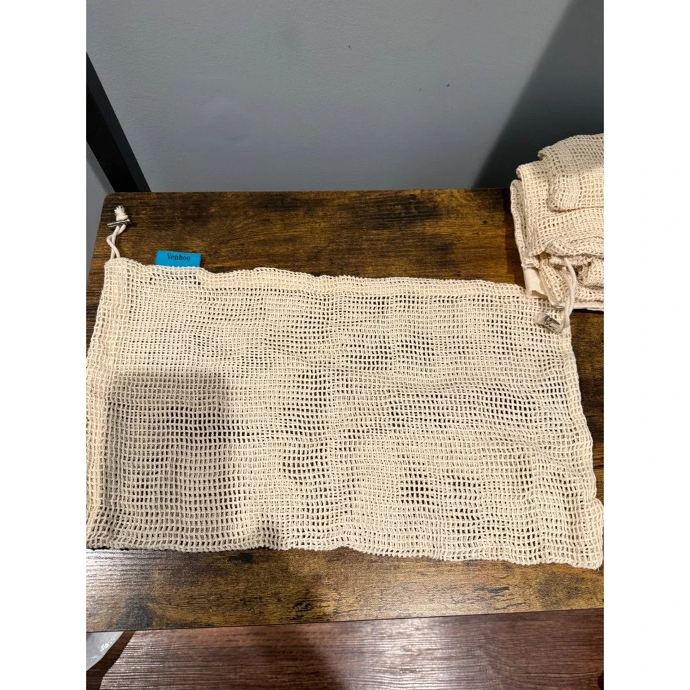 Venhoo Reusable Produce Bag Set of 7 Cream Cotton Mesh Drawstring Eco Friendly